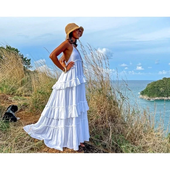 CREAM MAXI BOHO RUFFLE DRESS - Picture 6 of 12